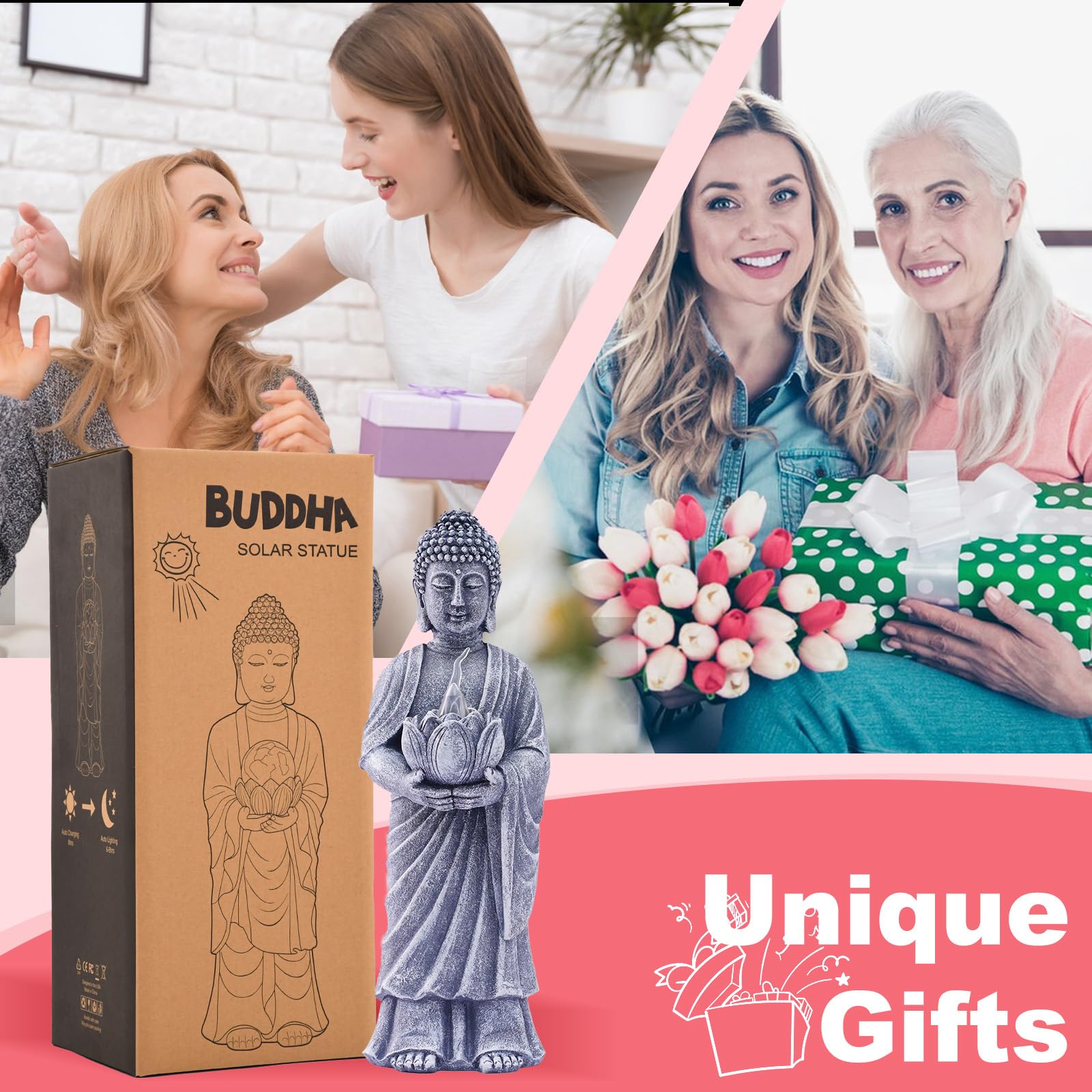 Yeomoo Statuetta di Buddha solare con podio di loto, decorazione a LED, 28 cm, resistente alle intemperie, per giardino, terrazza e soggiorno, regalo per donne, mamma e uomini (meditazione, yoga, feng