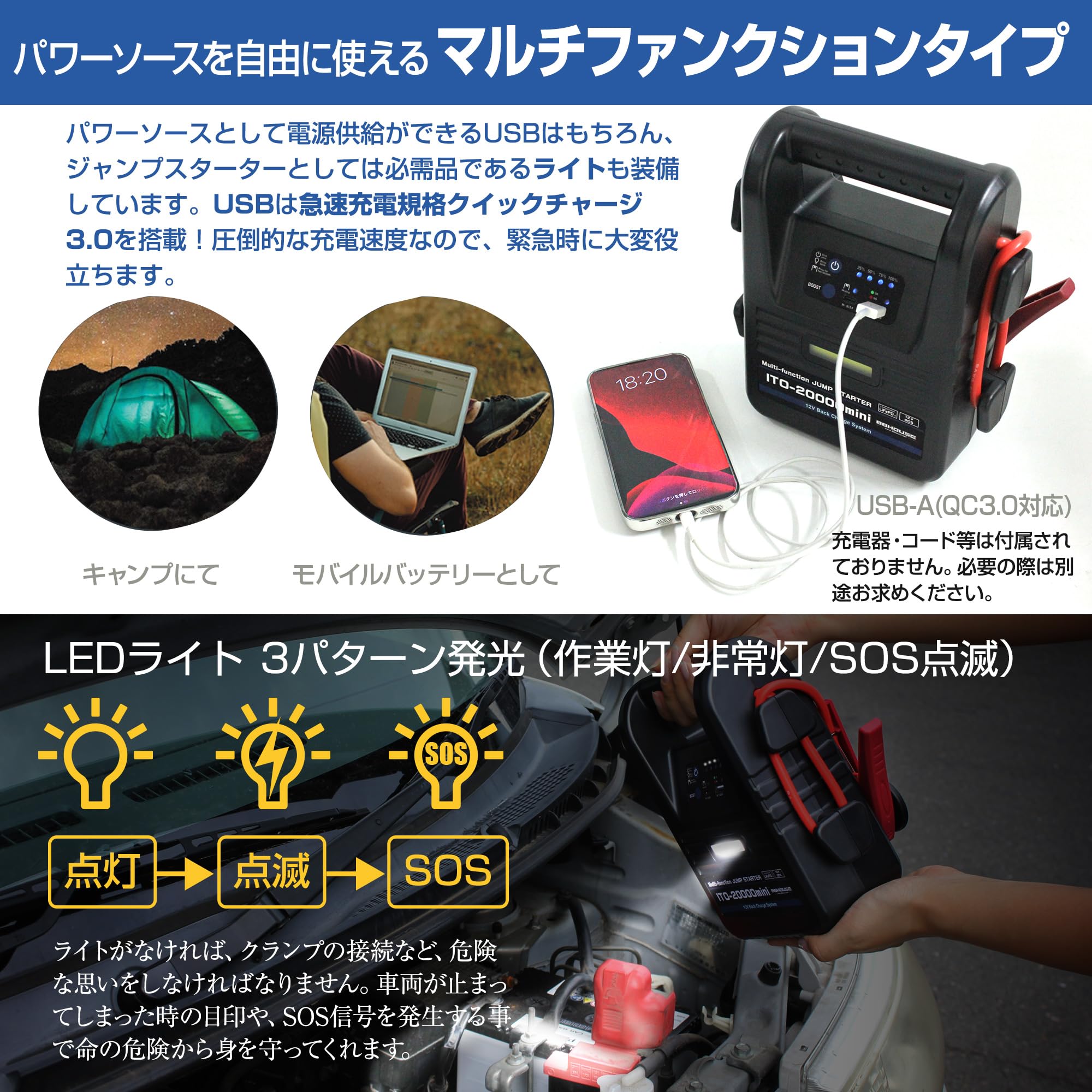 Amazon | 88HOUSE ジャンプスターター 12V 大容量 修理対応可 20000mAh
