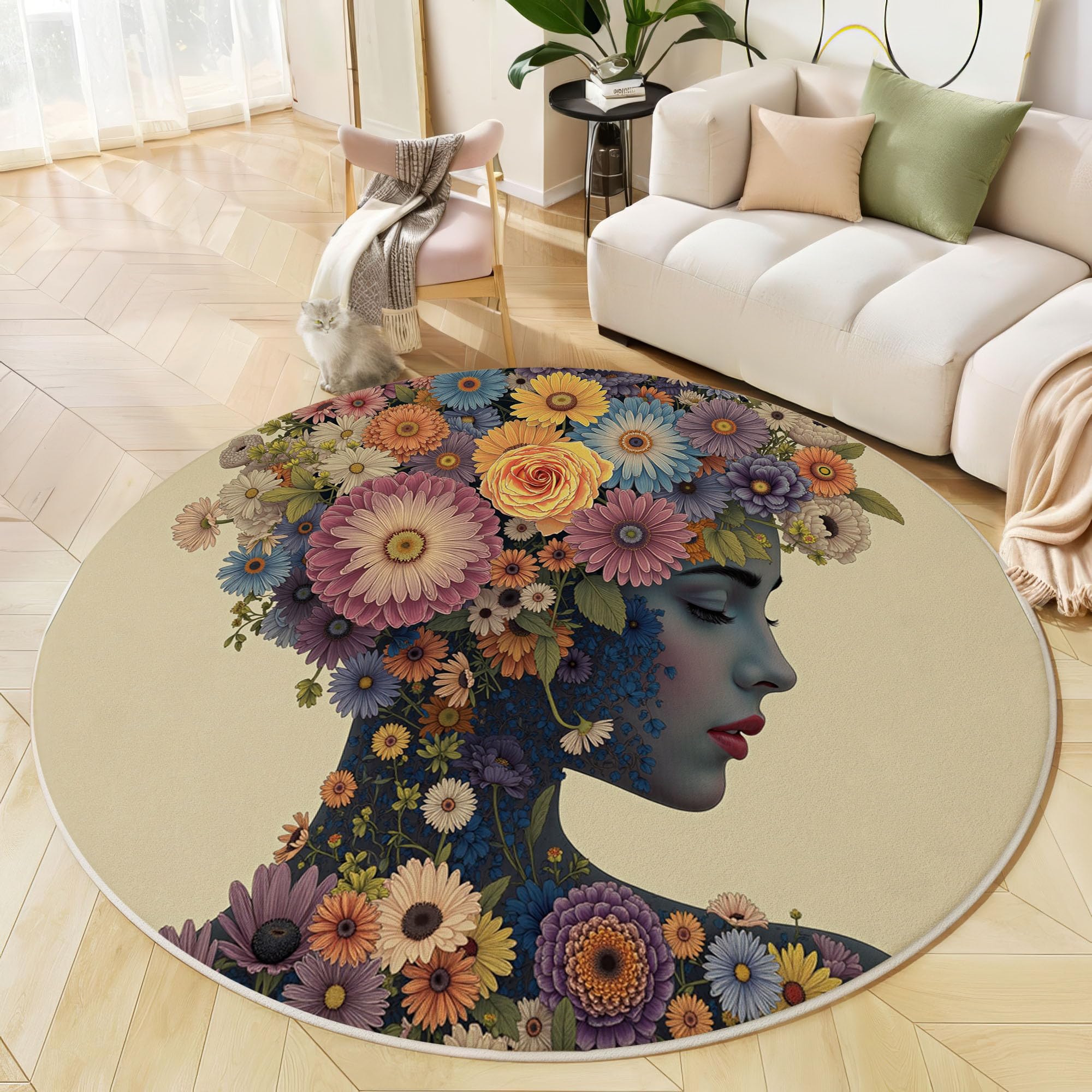 Tapis salon rond beige lavable pour créer un coin lecture cosy