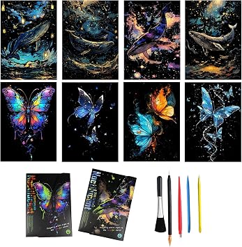 Scratch Art Adult 8 Sheets12*8.2inch Rainbow Scratch Paper Party Favors DIY Craft Gift Scratch Books for DrawingButterfly & Whale