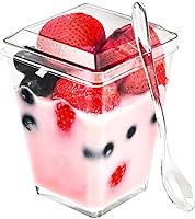 Vista 6 de Paquete de 100 vasos cuadrados transparentes de 5 onzas con cucharas de plástico, ideales para postres, aperitivos, pudines, mousse, parfait