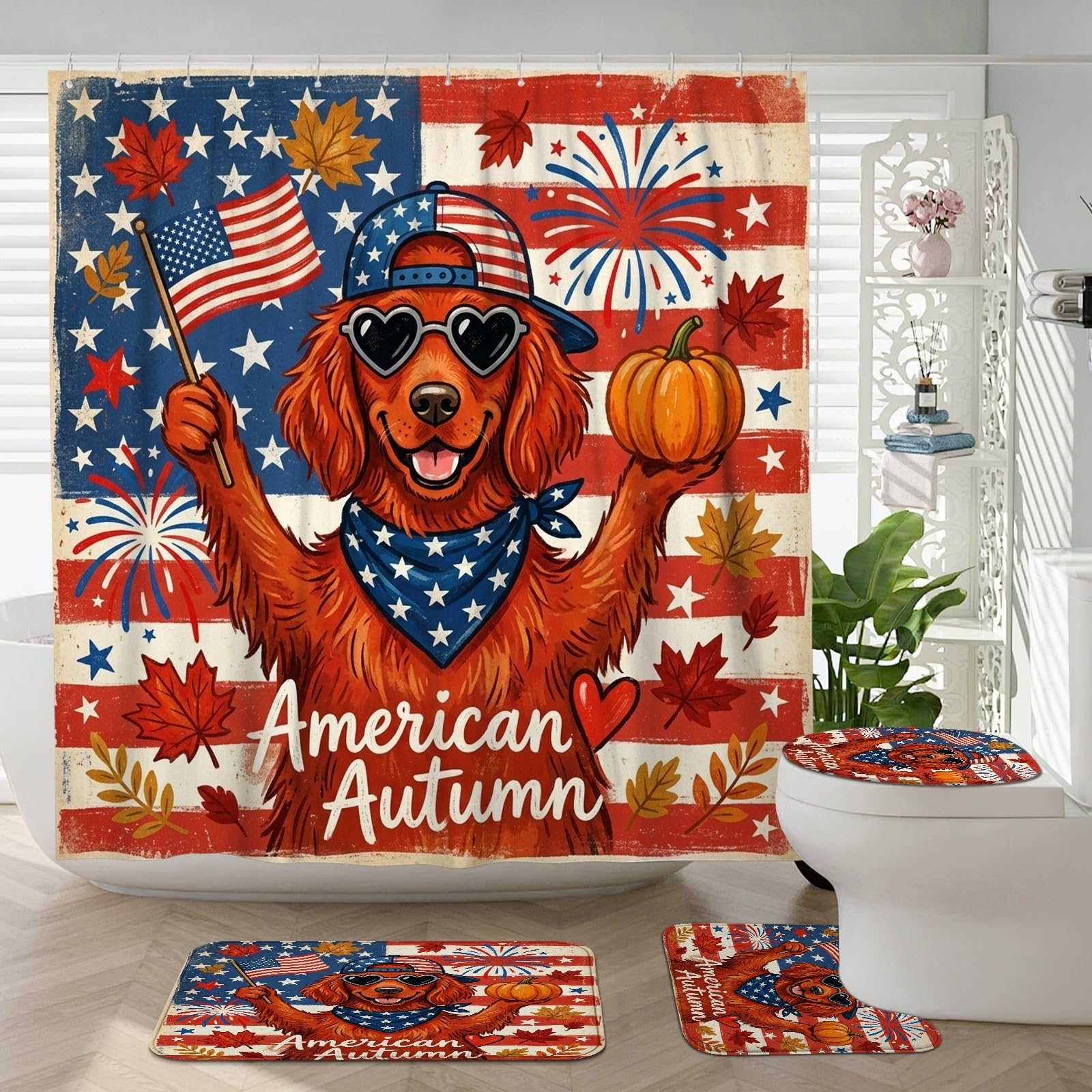 Lot accessoires salle de bain 4 pièces avec rideau de douche et tapis WC patriotique 183x183