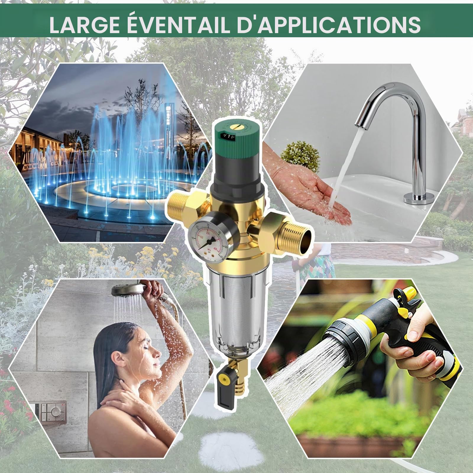 Reducteur de Pression Eau 1/2 Pouce, Reducteur de Pression Avec Manometre Pression Eau Et Filtre à Mailles, RéDucteur de Pression D'Eau En pour Robinets D'Irrigation de Jardin de Chauffage au Gaz