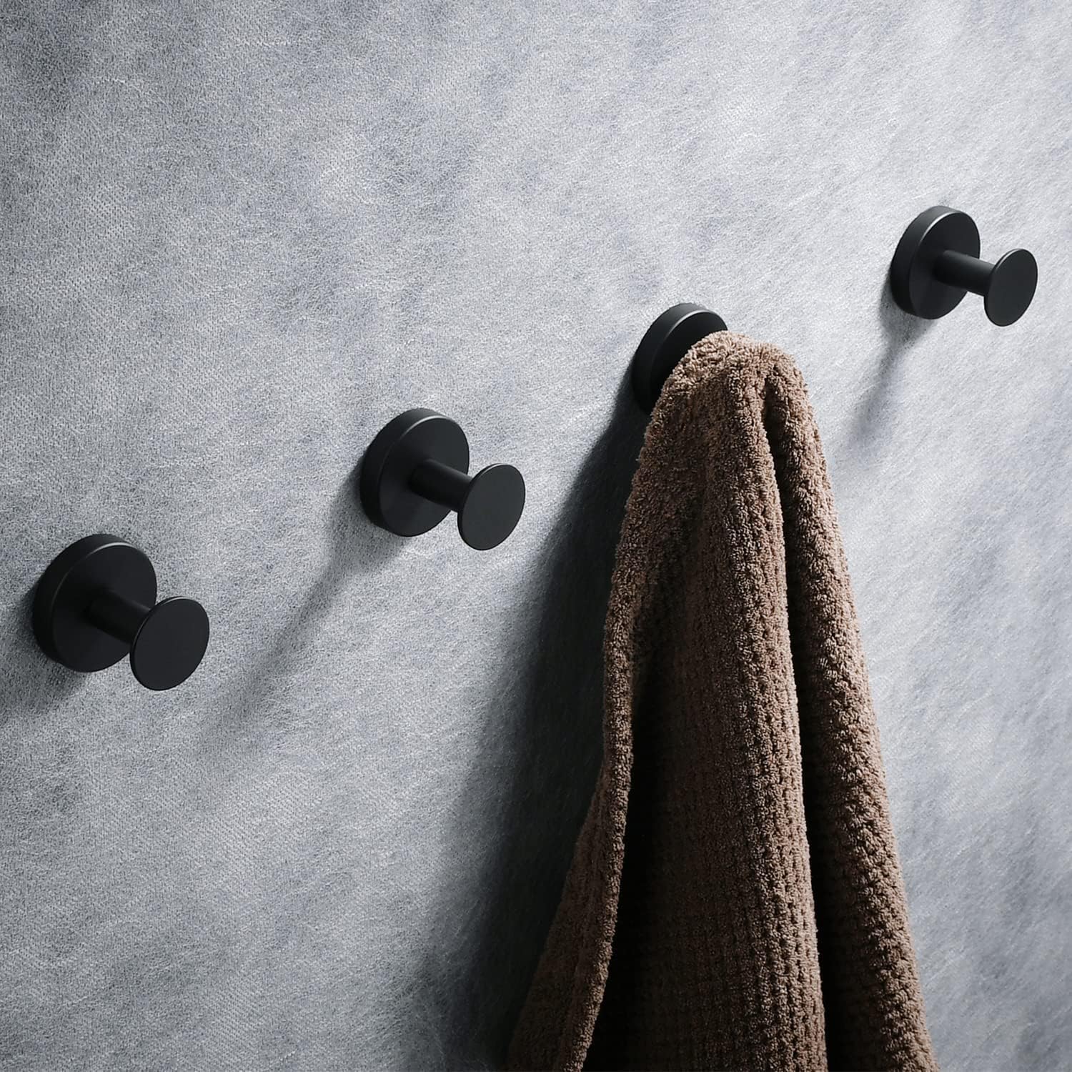 NEWRAIN Towel Hooks, 4 Pack Towel Holder for Bathroom Wall, Cabinet Closet Door, Kitchen, Bedroom, Hotel - Modern Design Effortless Mounting Towel Hangers, Robe Hook Matte Black