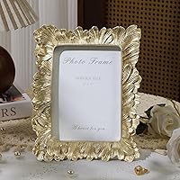 Vista 3 de Cuspin Gold 5x7 Picture Frame, Vintage Gold Palm Leaves Textured Hand-Crafted Resin Frame with Glass Front, Elegant Retro Photo Frame for Wall and