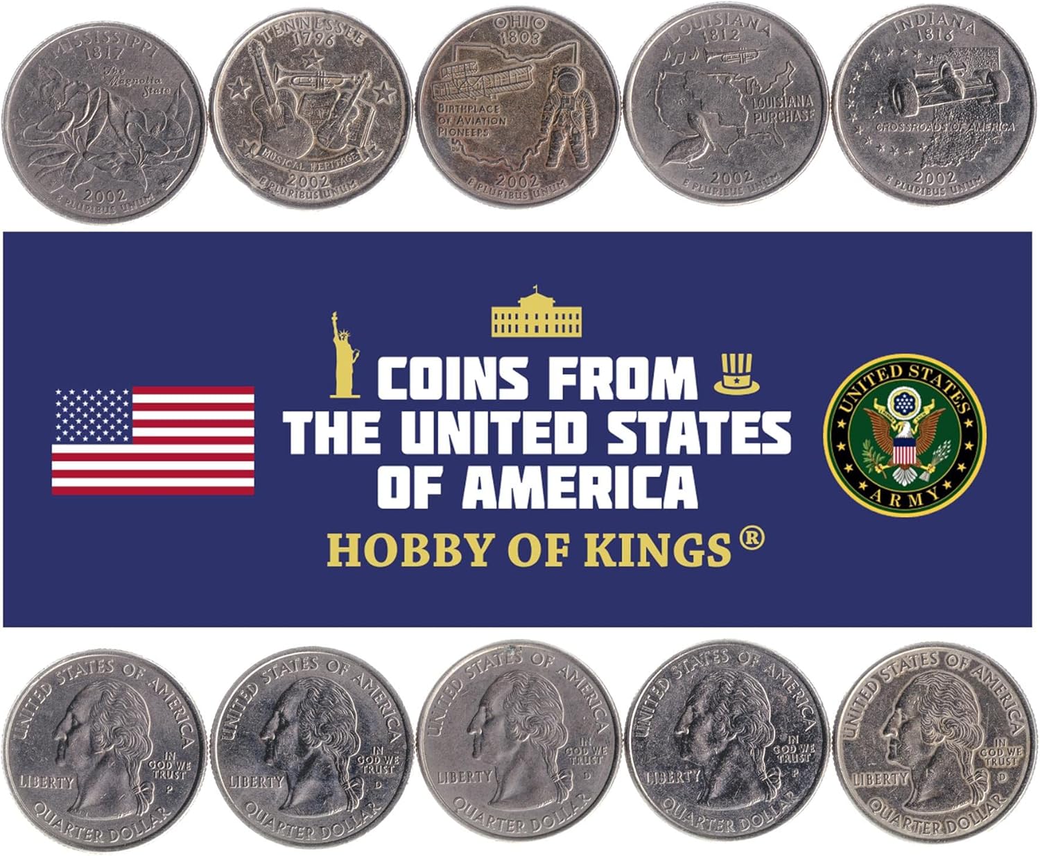 5 Coins from United States | American Coin Set Collection ¼ Dollar | Circulated 2003 | Helen Keller | George Washington | Abraham Lincoln | Lewis and Clark | Pemaquid Point Lighthouse | Diamond