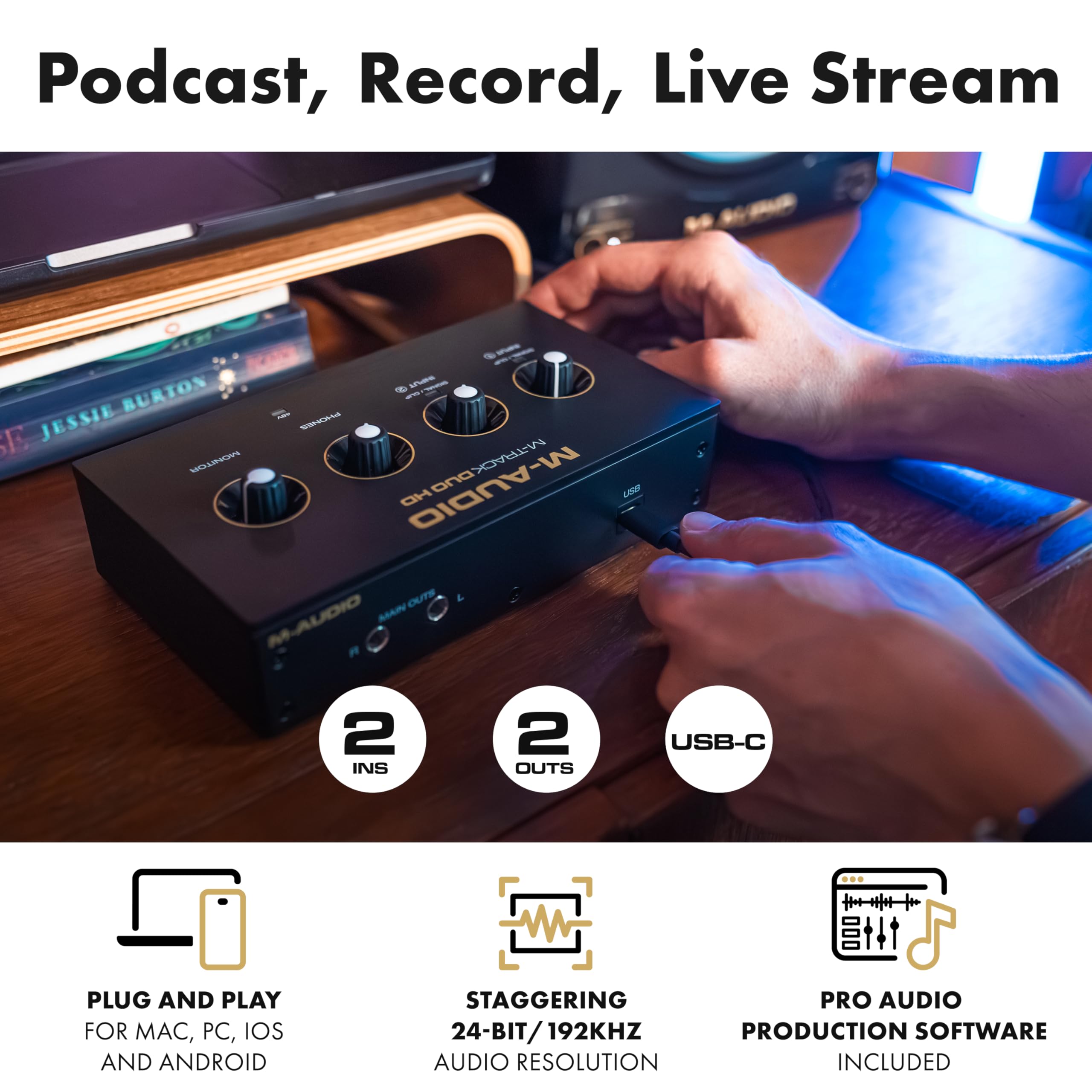 M-AUDIO M-Track Duo HD Audio Interface 24bit 192kHz for Recording Streaming, Podcasting with USB-C, 2 XLR TRS Inputs - Image 2