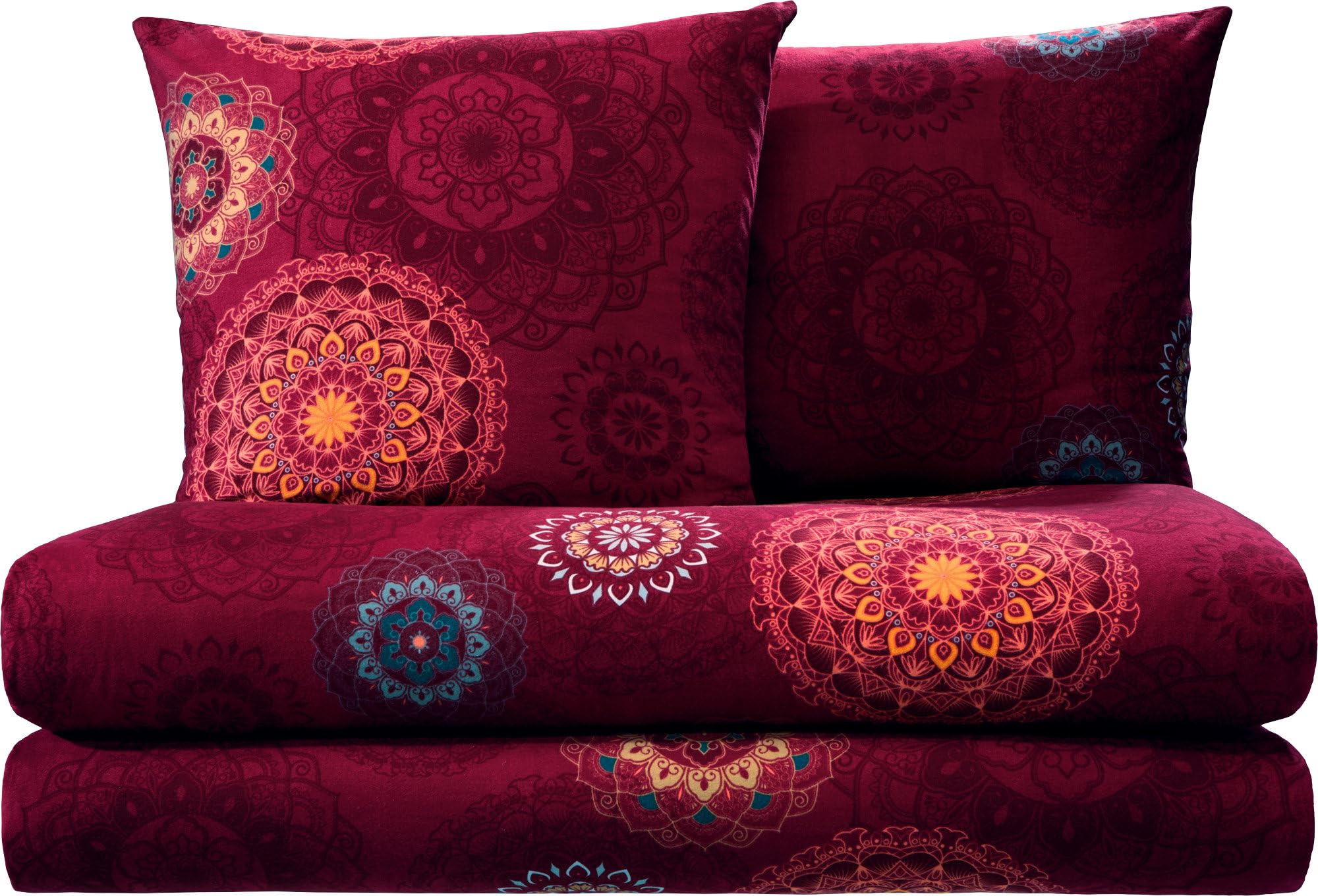 Erwin Müller Bettwäsche, Bettgarnitur Sparpaket 4-TLG. Flanell - Mandala - mollig warm, temperaturregulierend, mit praktischem Reißverschluss - Bordeaux Größe 80x80 cm / 135x200 cm