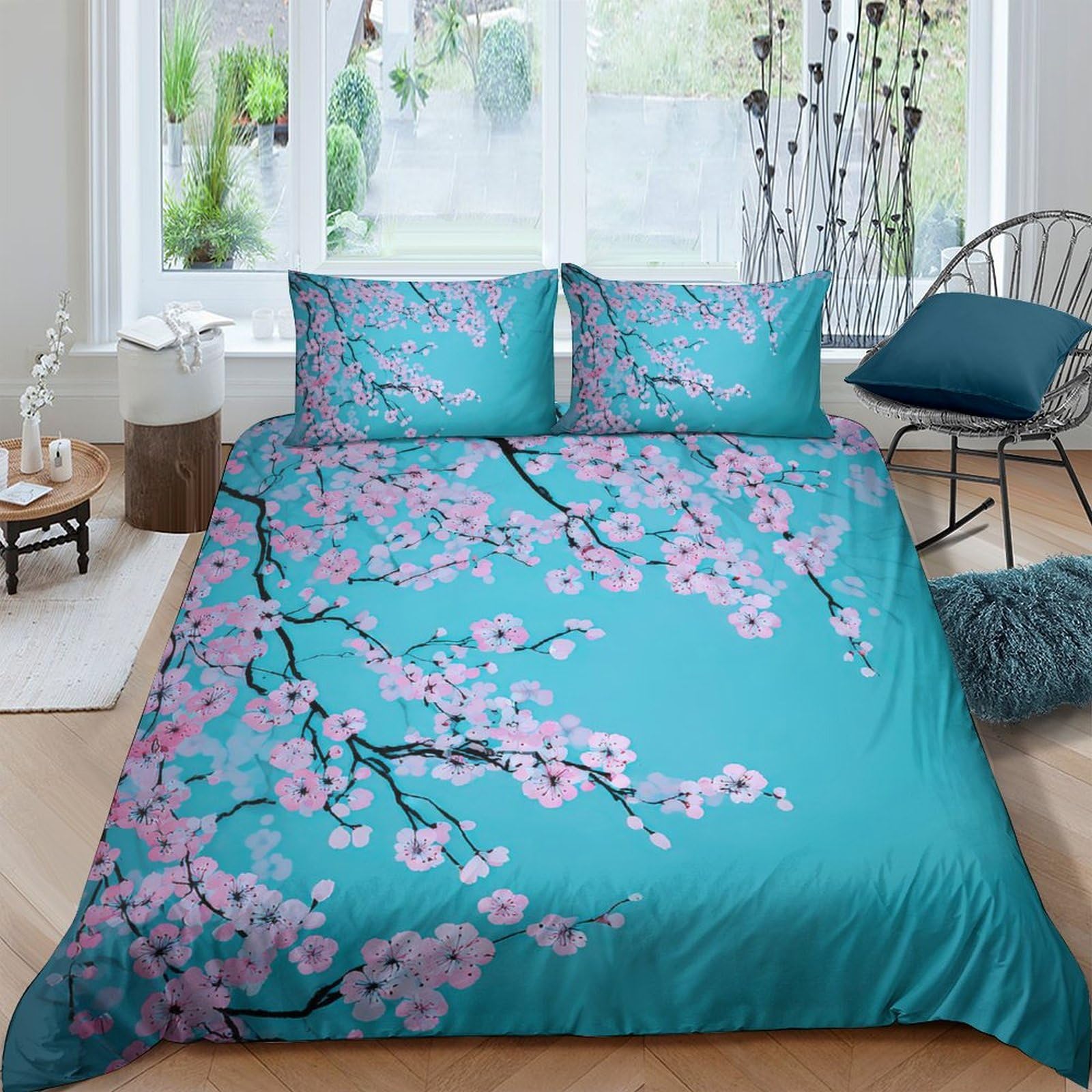 Ctjqhvkz Style-7 3D Printed Sakura Blossom Fitted Sheet Microfiber Soft Blue Plum Branch Bed Cover For Bedroom Home Decor Single（135X200cm）