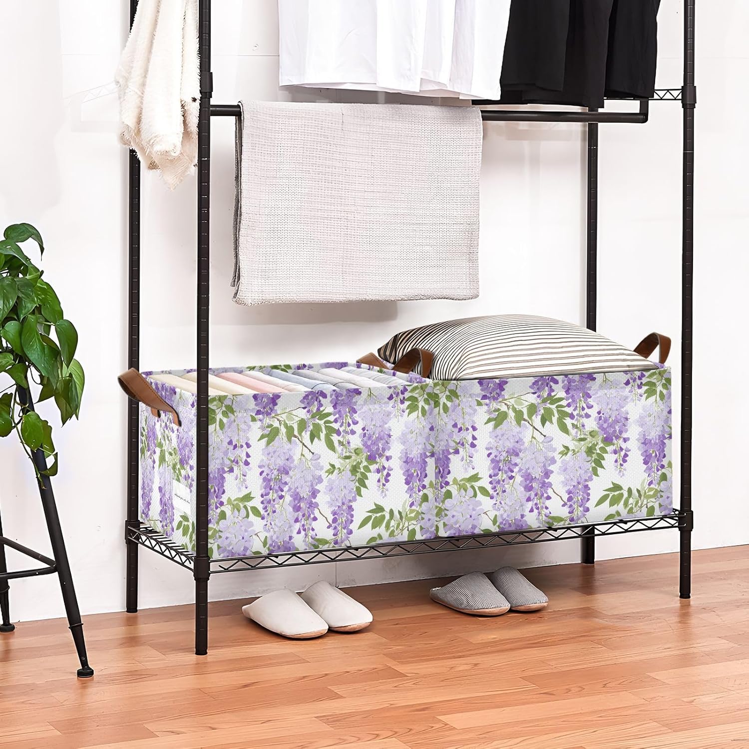 Light Purple Wisteria Flower Storage Basket Foldable Cube Storage Bins with Handles&Labels Waterproof Collapsible Organizer Box Bin Large Rectangle Baskets for Shelves Home Living Room Closet, 2 Pack