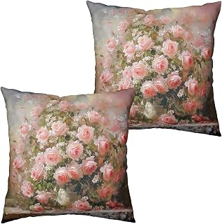 Retro Pink Flower Throw Pillow Covers Vintage Daisy Rose Floral Pillow Covers 18x18 Set of 2 Shabby Chic Oil Painting Outdoor Pillowcases for Home Bedroom Living Room Sofa Couch