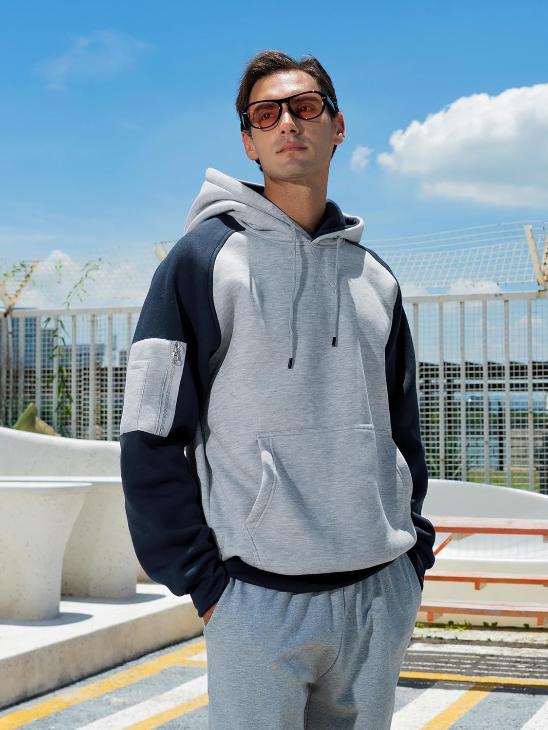 Mens Hoodies Pullover Color Block Long Sleeve Fleece Hooded Sweatshirt - Image 2