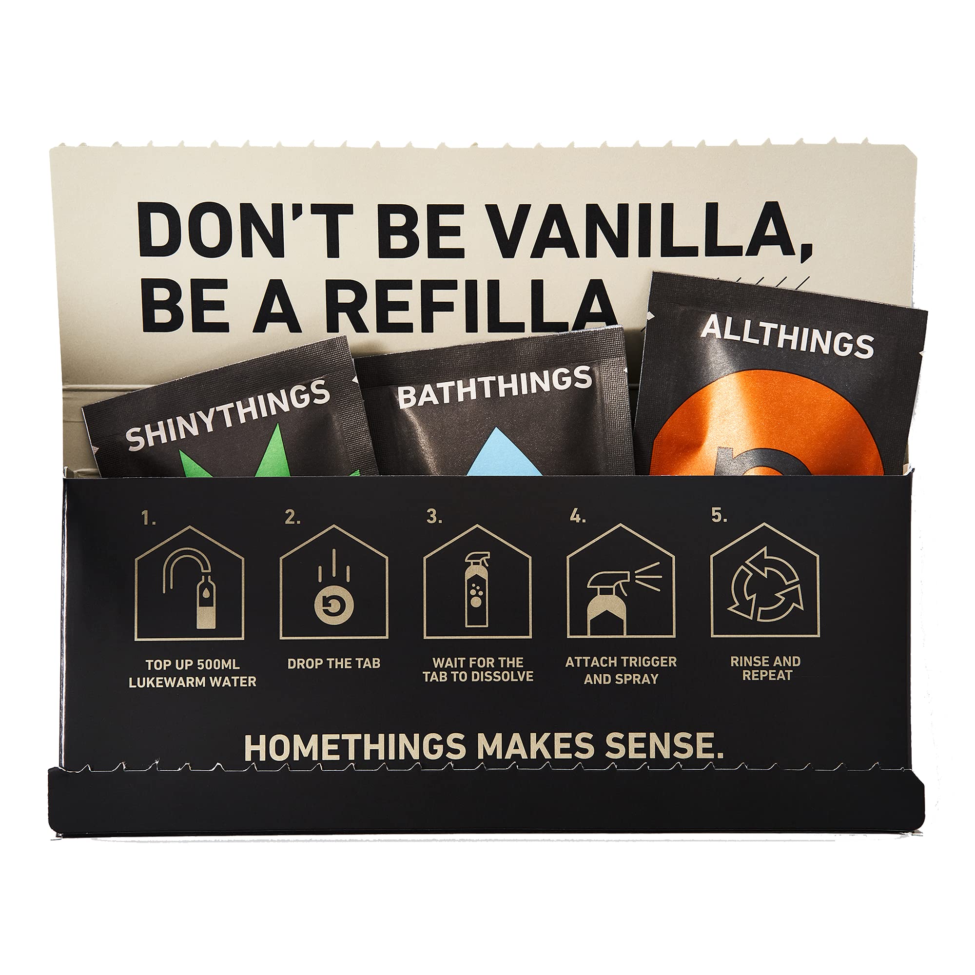 Homethings, One of Each, Household, Glass & Bathroom Cleaning Tablet Refill, Non-Toxic & Eco Friendly, Surface Cleaner for Grease, Limescale, Mildew & Mould, Vegan & Cruelty-Free