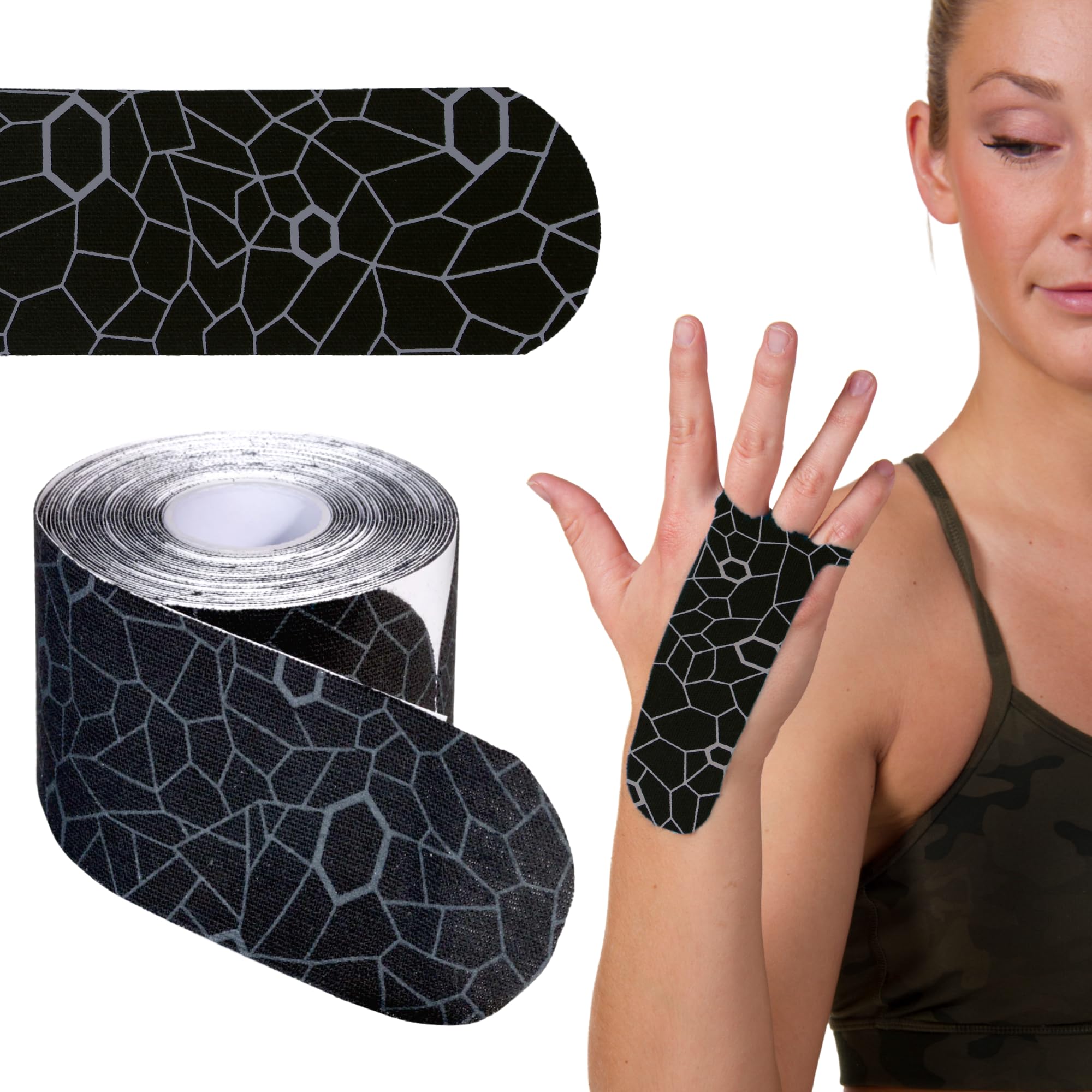 TheraBand Kinesiology Tape, Waterproof Physio Tape for Pain Relief, Muscle & Joint Support, Standard Roll with XactStretch Application Indicators, 2" X 10" Strips, 20 Precut Strips, Black/Gray
