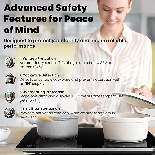 Miniatura 7 de OMEO Placa de cocción portátil de doble inducción con 2 quemadores, control táctil, cocina de inducción de 110 V con bloqueo de seguridad, pausa,