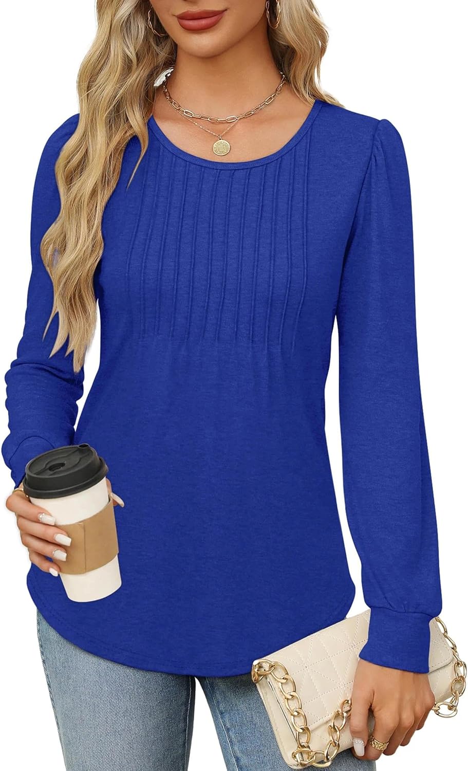 Womens Long Sleeve Tunic Tops Dressy Casual Shirts Pleated Crewneck Basic Blouses Fall 2025 Trendy Outfits - Image 3