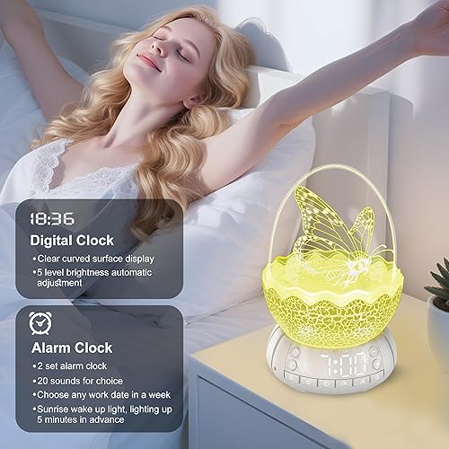 Miniatura 3 de Lámpara de sueño con luz nocturna de mariposa con canción de cuna, luz LED decorativa con reloj digital, reloj despertador, regalos para niños y