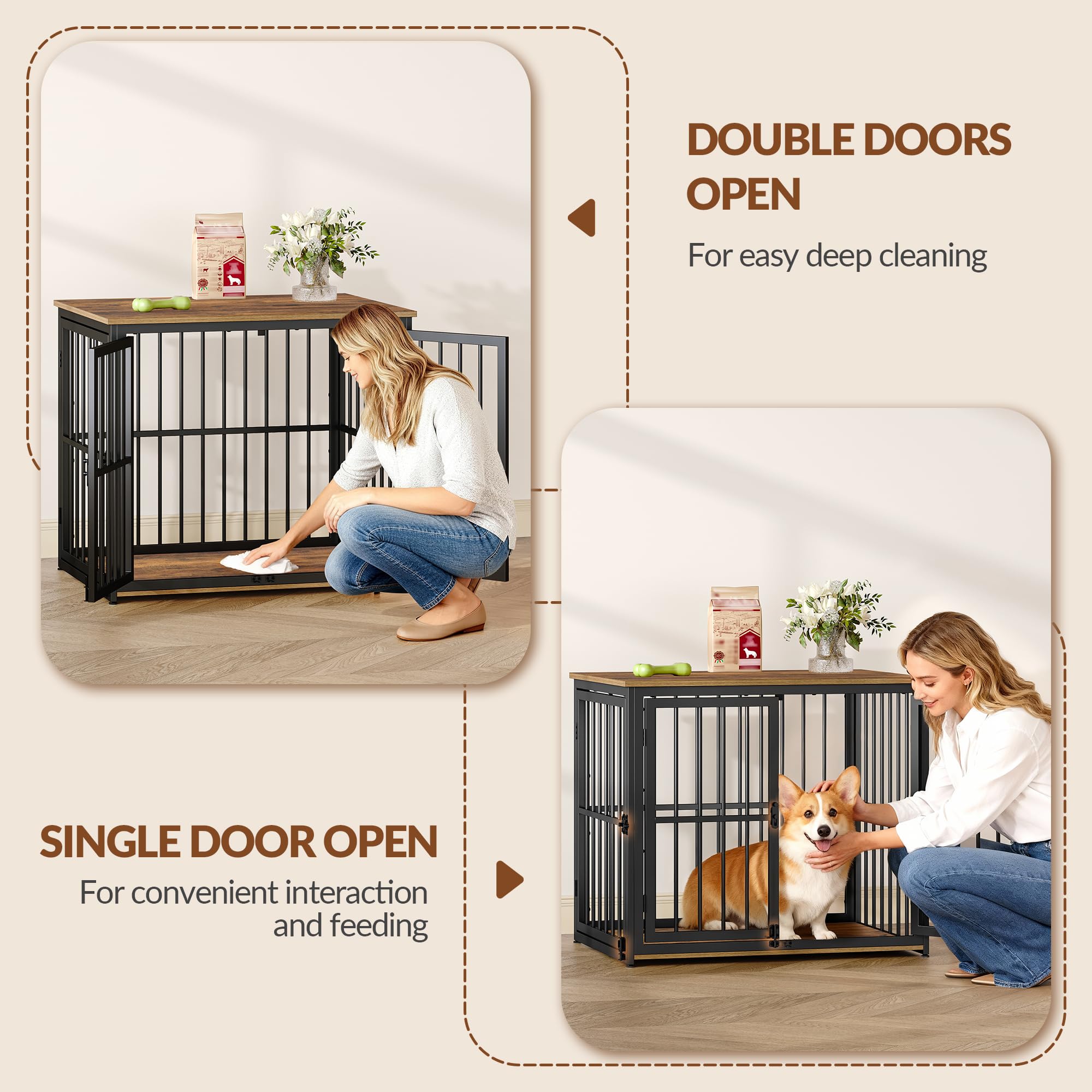 Jaula para Perros, 80cm Jaula Mueble para Perro con 3 Puertas, Casa Madera Perro, Mesa Auxiliar, Perros Pequeños y Medianos, Casa Interior Perros, 80 x 60 x 70 cm, Marrón Rústico y Negro