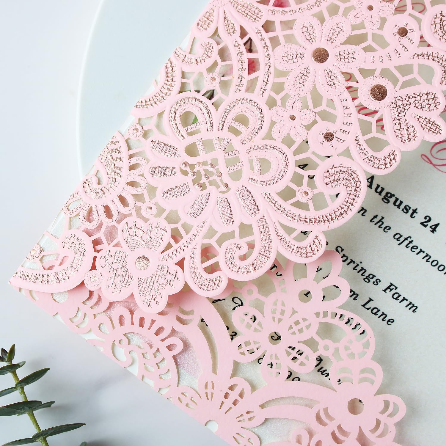 Pink Laser Cut Invitation Cards with Gold Foiling & Embossing – Set of 50 Cards & Envelopes for Wedding, Quinceañera, Birthday, Anniversarie