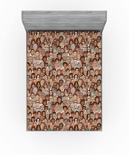 Miniatura 3 de Ambesonne Hipster Fitted Sheet, People Faces from Different Ethnicity Racial Diversity Progressive World Pattern, Bed Cover with All-Round Elastic