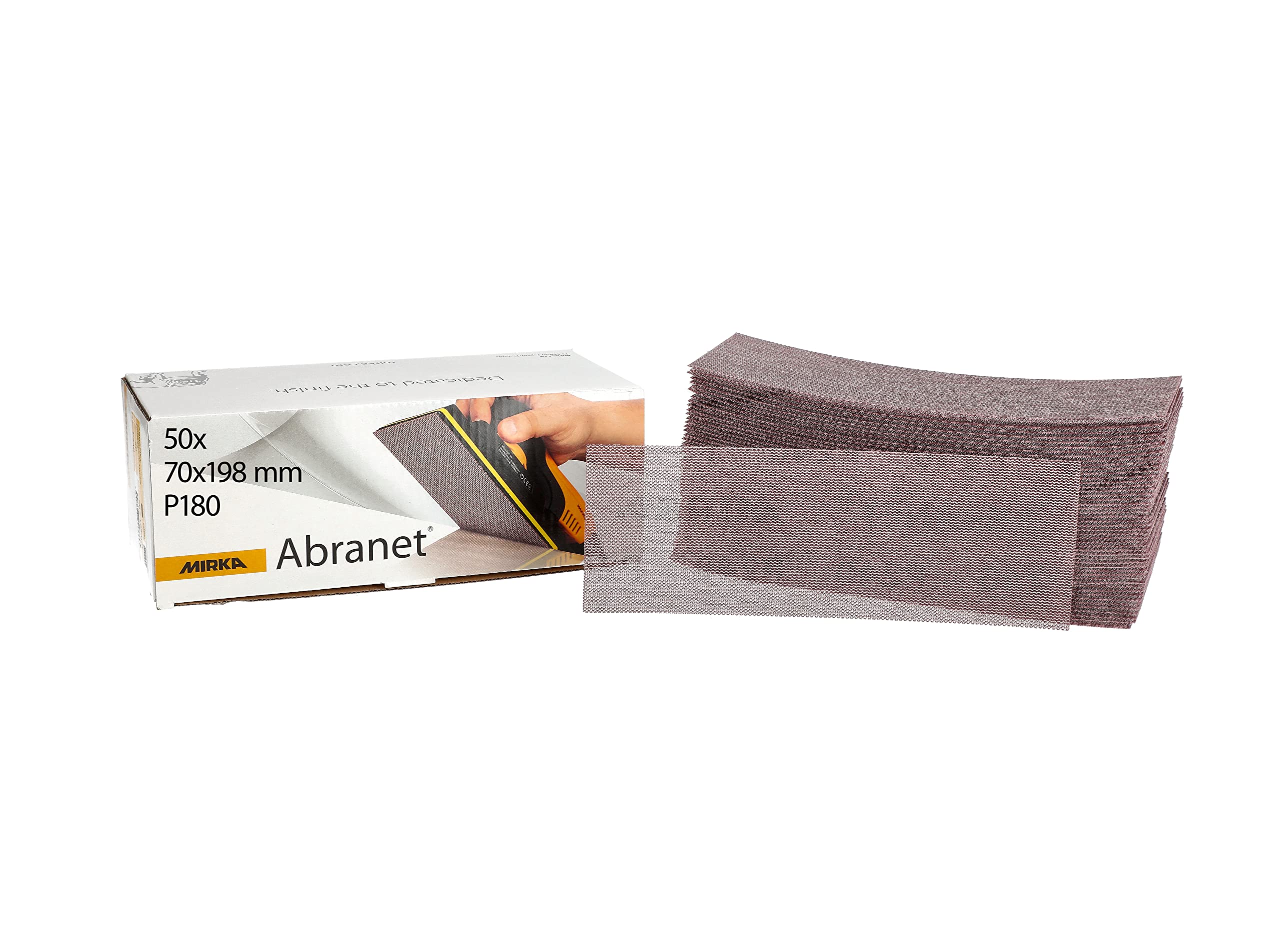 Mirka Abranet papier ścierny 70x198 mm rzep P180 50 szt | Siatka ścierna Mirka z ziarnistością P180 idealna do drewna szpachli lakierów i plastiku z mocowaniem na rzep