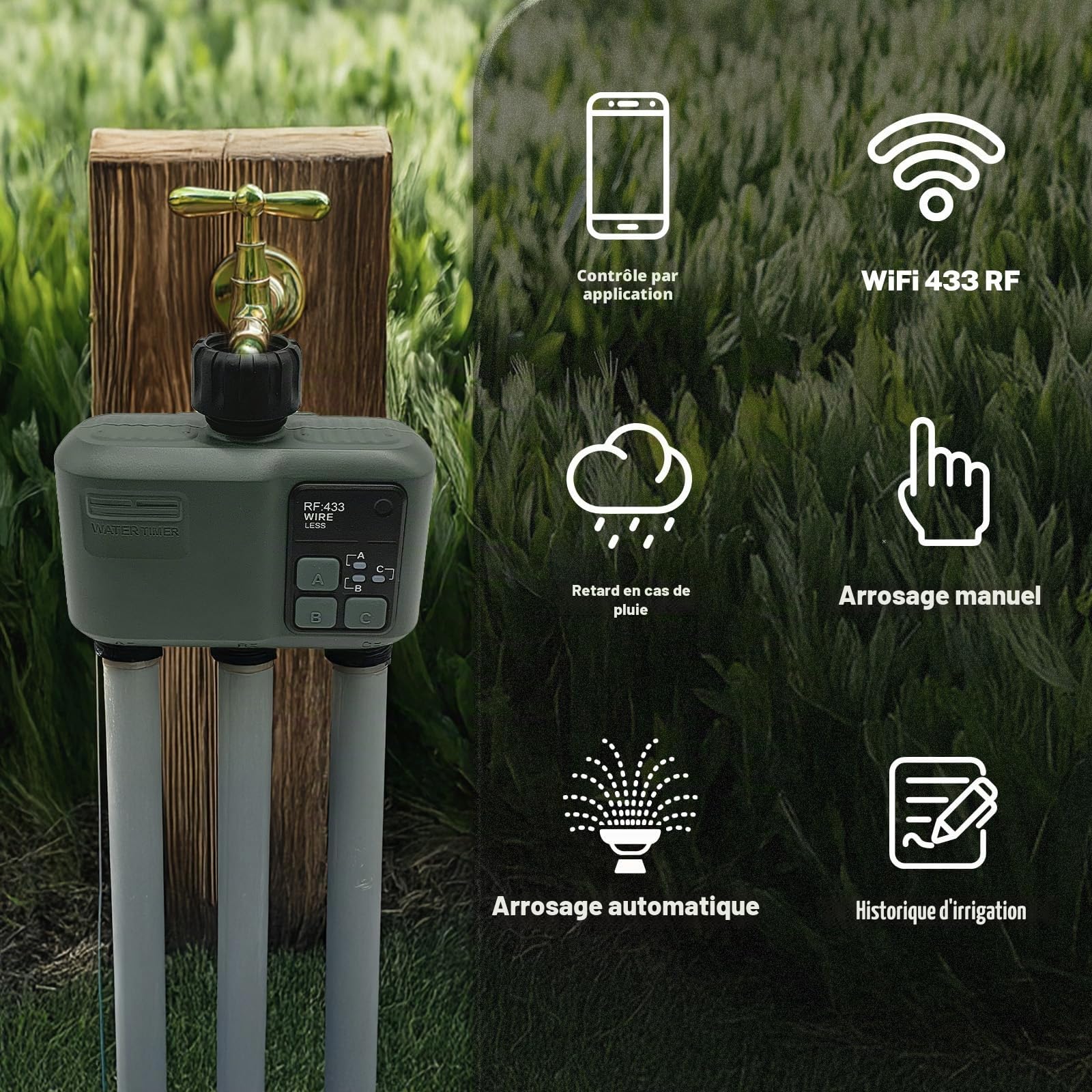 Johgee Programmateur Arrosage WiFi 3 Voies, avec Technologie RF 433 500M, Minuteur Arrosage Automatique avec Temporisation de la Pluie, 2 Modes D'arrosage, Télécommande Smart APP pour Jardin, Pelouse