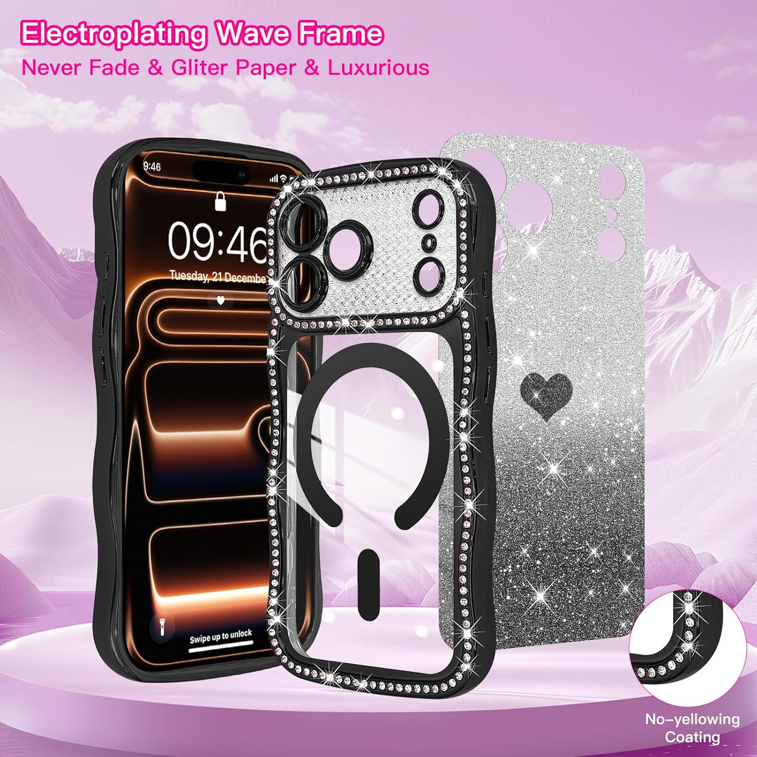 AIGOMARA Magnetic for iPhone 17 Pro Max Case, Compatible with Magsafe, Curly Wave Edge, Cute Love Heart Plated Glitter Bling Rhinestone for Women Girls, Soft TPU Camera Protection Phone Cover, Black