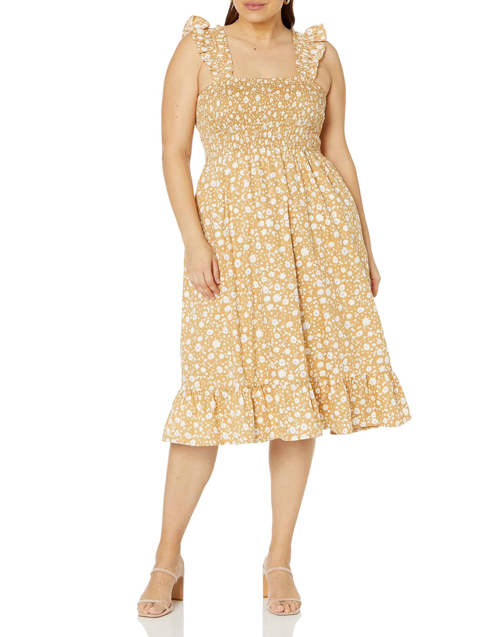 The Drop Vestido midi Kimi para mujer, fruncidos y tirantes con volantes