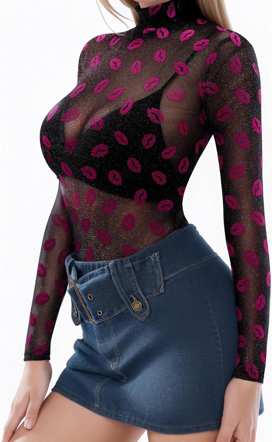 MANGOPOP Women's Mesh Top Long Sleeve See Through Mock Neck Blouse Sheer Sexy T Shirts Clubwear Bodycon - Image 2