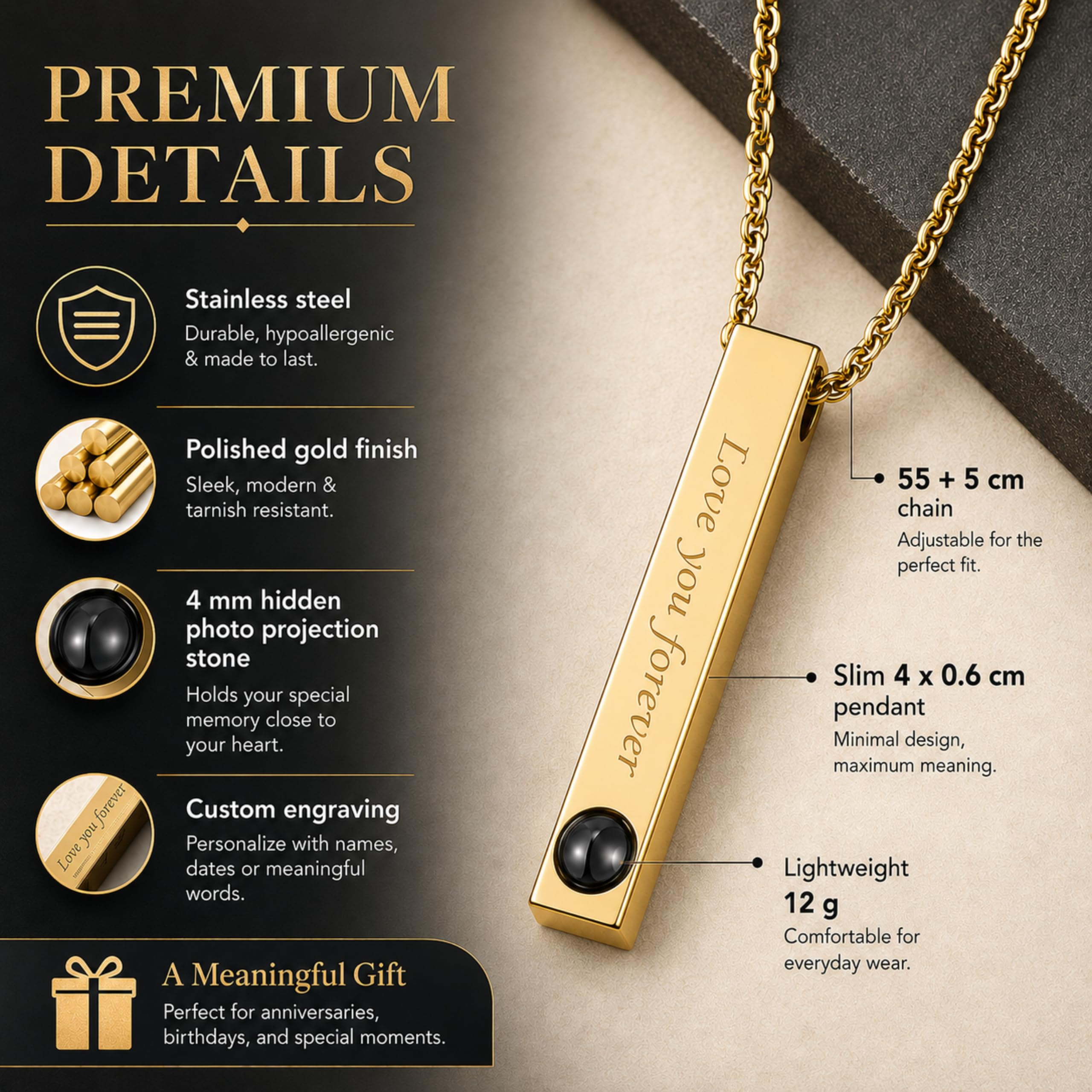 Collar de proyección de fotos personalizado con colgante de barra