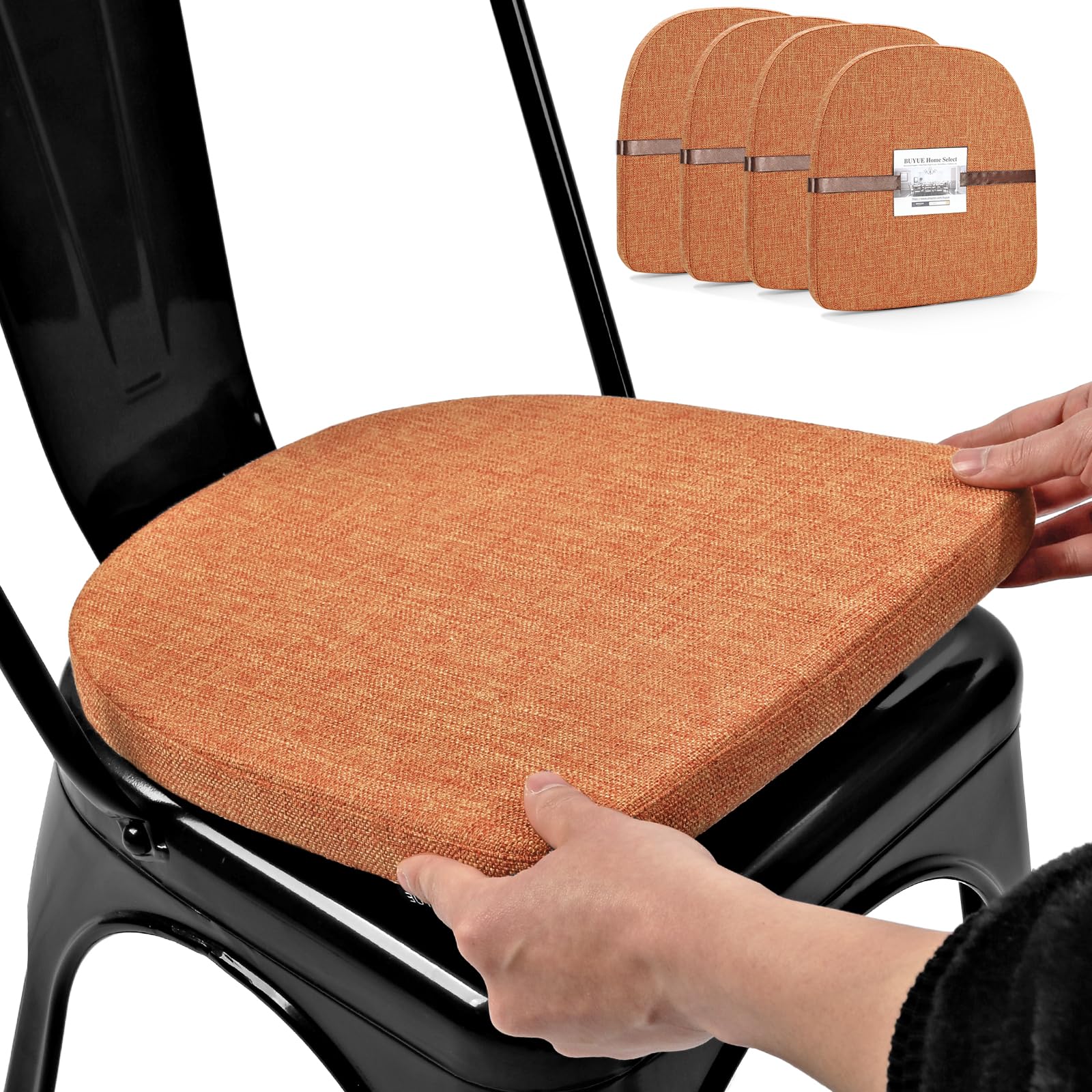 BUYUE Friendly Woven Fabric 14x14 Magnetic Cushions for Metal Chair Set of 4, Enhanced Anti-Slip Seat Pads for Dining Kitchen Café Stackable Chairs (U-Shape, Orange, 4 Counts)