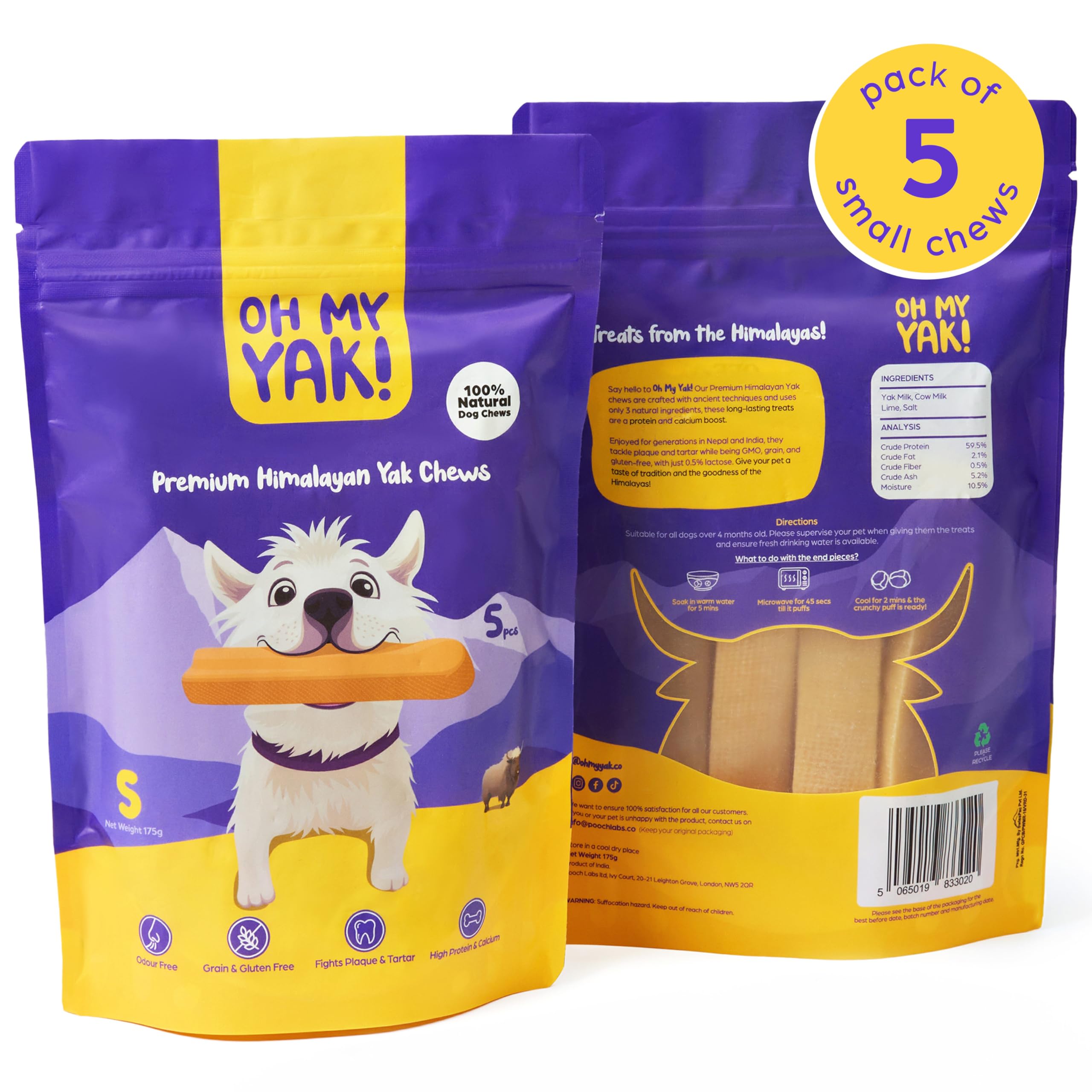 Oh My Yak Premium Yak Chews for Dogs Small (Pack of 5) 175g, Dog Chews Long Lasting Natural, Yak Milk Dental sticks