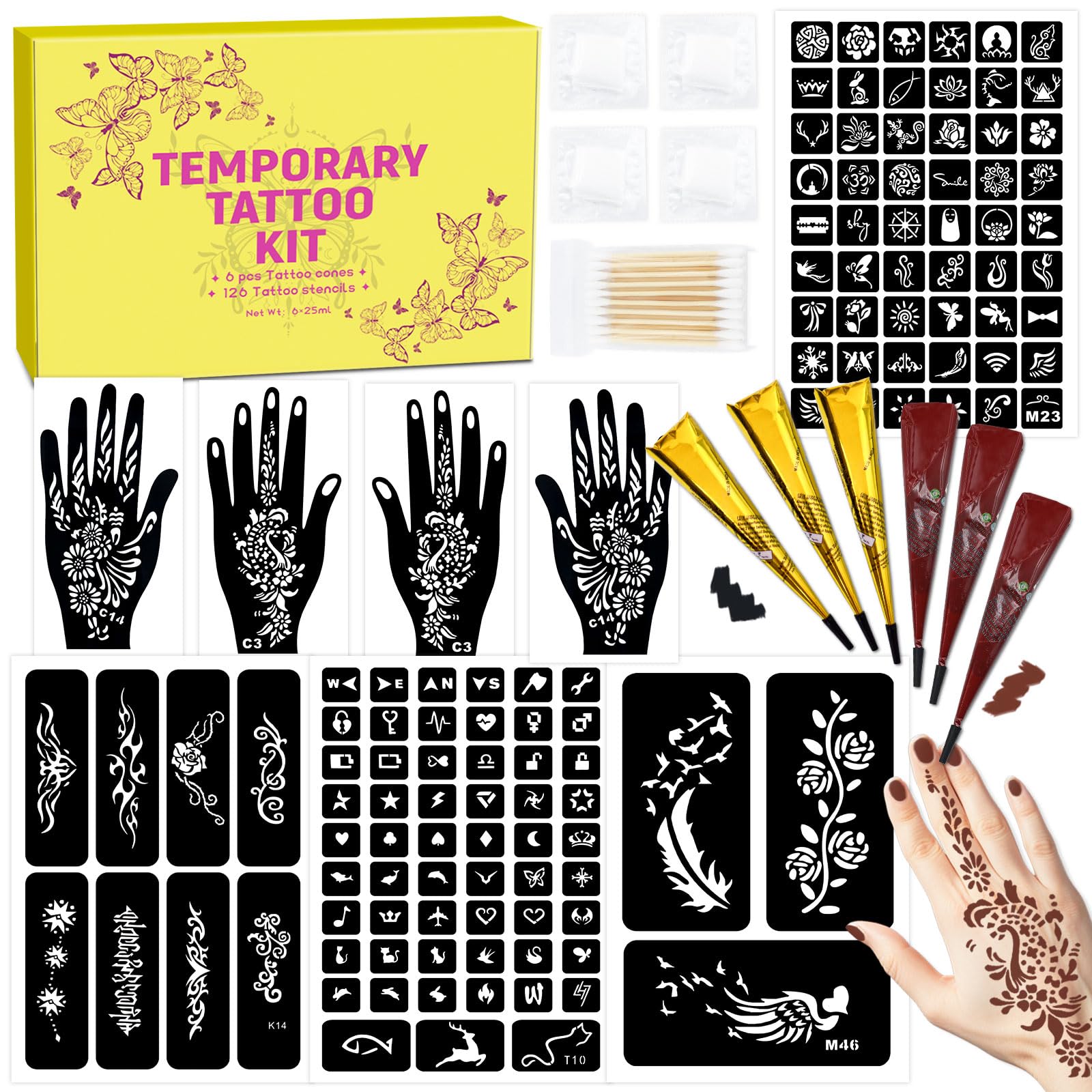126 PCS Temporary Tattoos Stencils Kit,Temporary Tattoos Kit - 6 Pcs 2 Color(Brown Black) Ink with Gloves,DIY Body Art Painting for Women Men Adults Kids