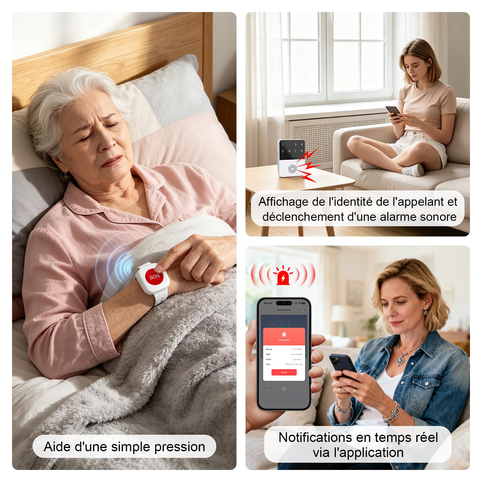 Bouton d'appel d'urgence WiFi, Alarme Personne pour Personnes Agées, Enfants, Patients, Femmes Enceintes(2 Boutons d'appel SOS, 1 Bracelet SOS, 1 Récepteur)