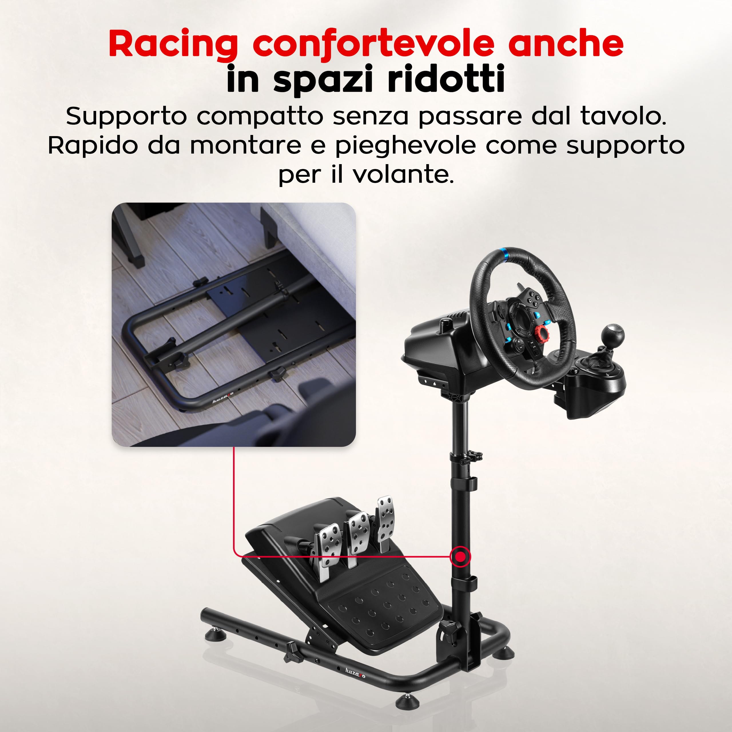 Huzaro Speed 2.0 Supporto Volante Logitech G29, Thrustmaster e Fanatec – Postazione Simulatore Guida Regolabile – Supporto per Volante PS5, PS4 e PC, Wheel Stand Pieghevole Salvaspazio - Nero