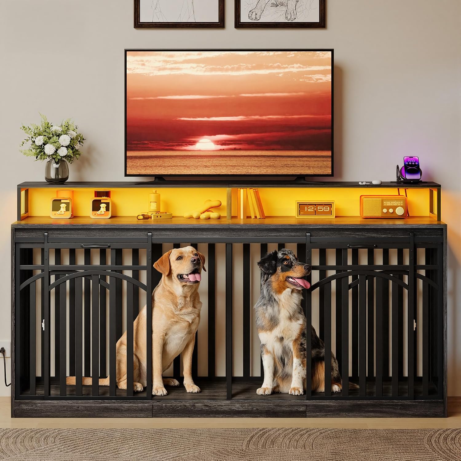 YITAHOME 71 Inch Double Dog Crate Furniture with LED Light & Power Outlets for 2 Dogs, Heavy Duty Cage with TV Stand Shelves, Dog Kennel Indoor Sliding Barn Door Design for Large Dogs, Grey Oak