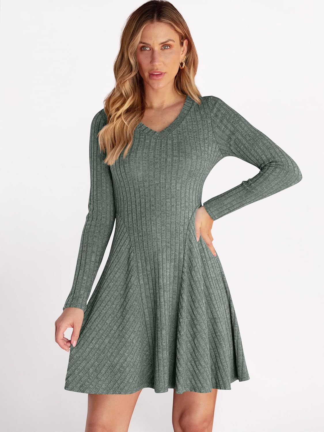ANRABESS Women Long Sleeve Ribbed Knit Short Dresses 2026 Spring V Neck Casual Swing A Line Sweater Dress - Image 7