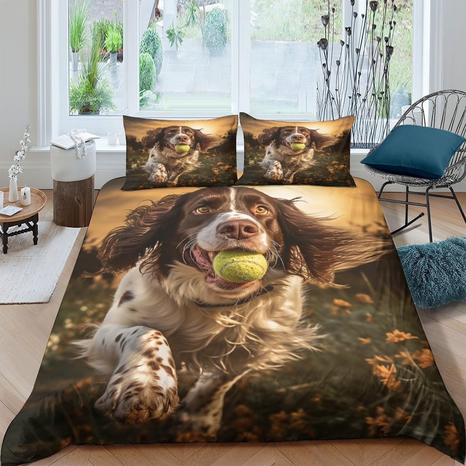 cenmoo 3 Pieces Cute Dog Duvet Cover SetKing 3D Printed Bedding Quilt Duvet Cover Springer Spaniel with Zipper Closure for Girls, Ultra Soft Hypoallergenic Double（200x200cm）