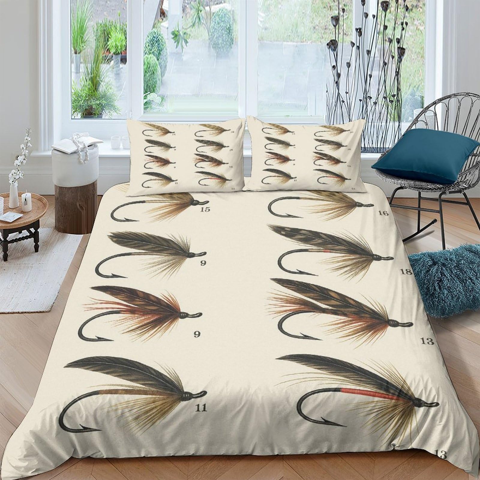 GPLZQXKJNH 3D Printed Vintage Fly Fishing Duvet Cover Microfiber Soft Breathable Retro Lure Quilt Cover Set with 2 Pillowcases for Bedroom Home Decor Single（135x200cm）