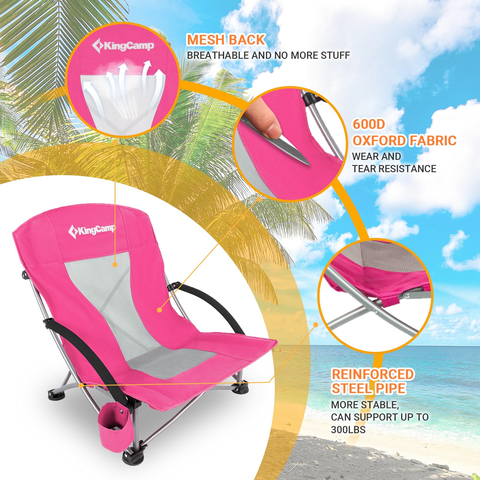 KingCamp Chaise de plage basse, pliable, portable, légère, sac à dos pour adultes avec porte-gobelet, sac de transport pour camping, concert, festival, voyage, sport, pelouse, sable, rose