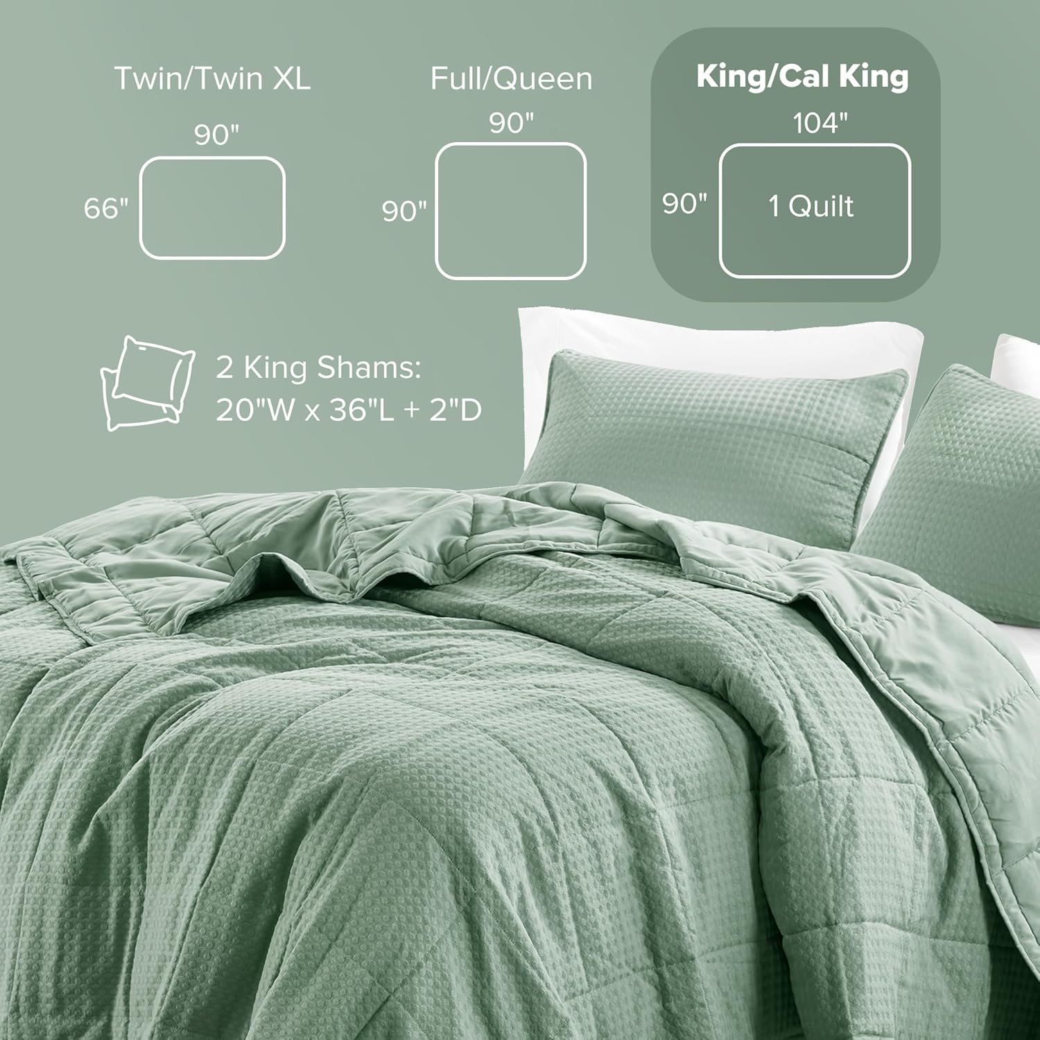 Comfort Spaces Green Quilt Set - 3 Pieces Breathable Dotted Weave Quilt Sets with Piping Border, Modern Farmhouse Cottage Coverlet & Sham, All Season Microfiber King Bed Set, King/Cal King