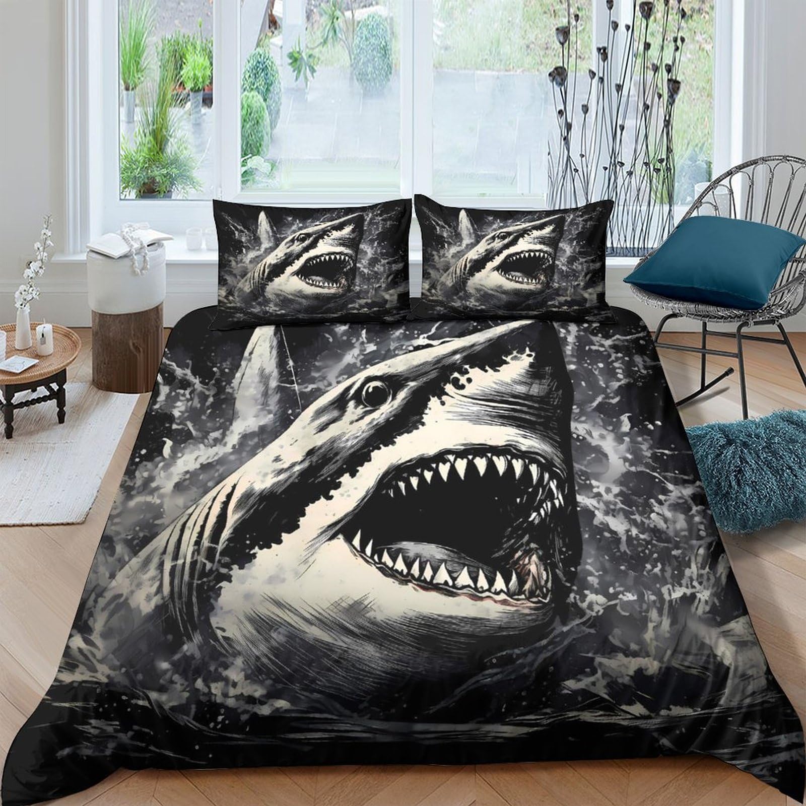 Ctjqhvkz Style-3 3D Printed Shark Ocean Fitted Sheet Microfiber Soft Black Waves Mattress Cover For Bedroom Dorm Decor Protector Single（135X200cm）