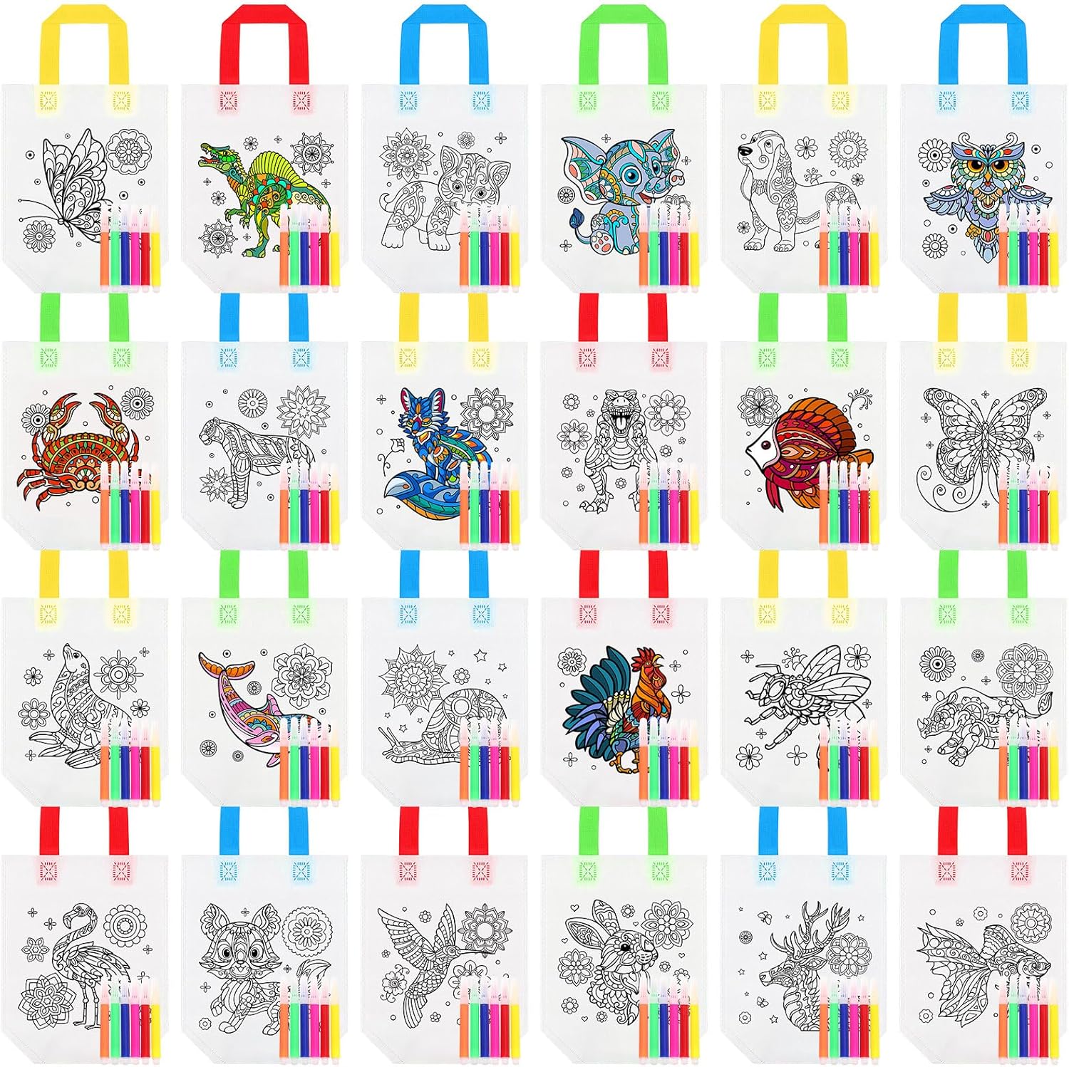24 Mandala animals coloring bags with 144 markers for kids