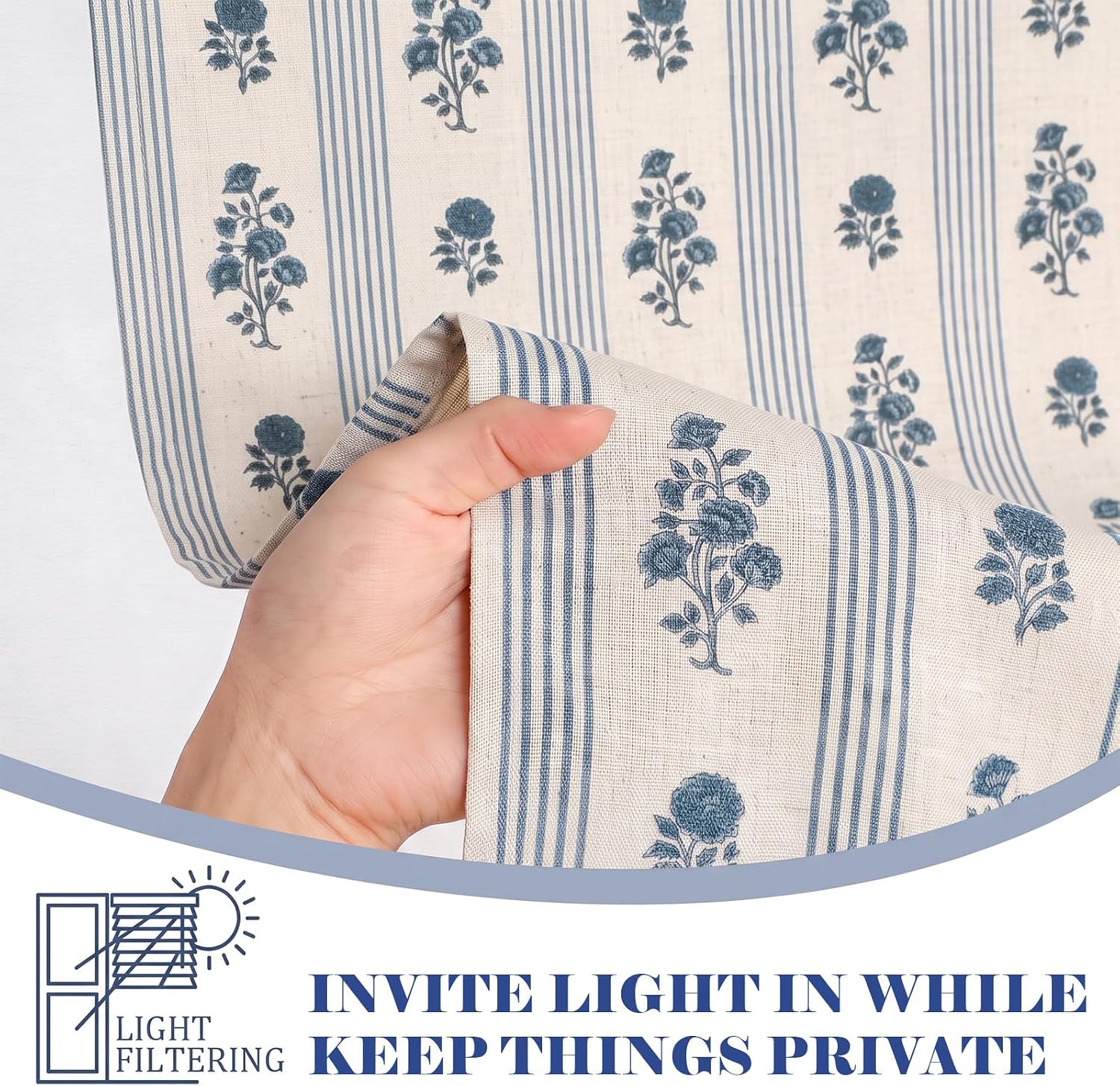 36 Inch Blue Floral Linen Kitchen Tier Curtain Farmhouse Decor