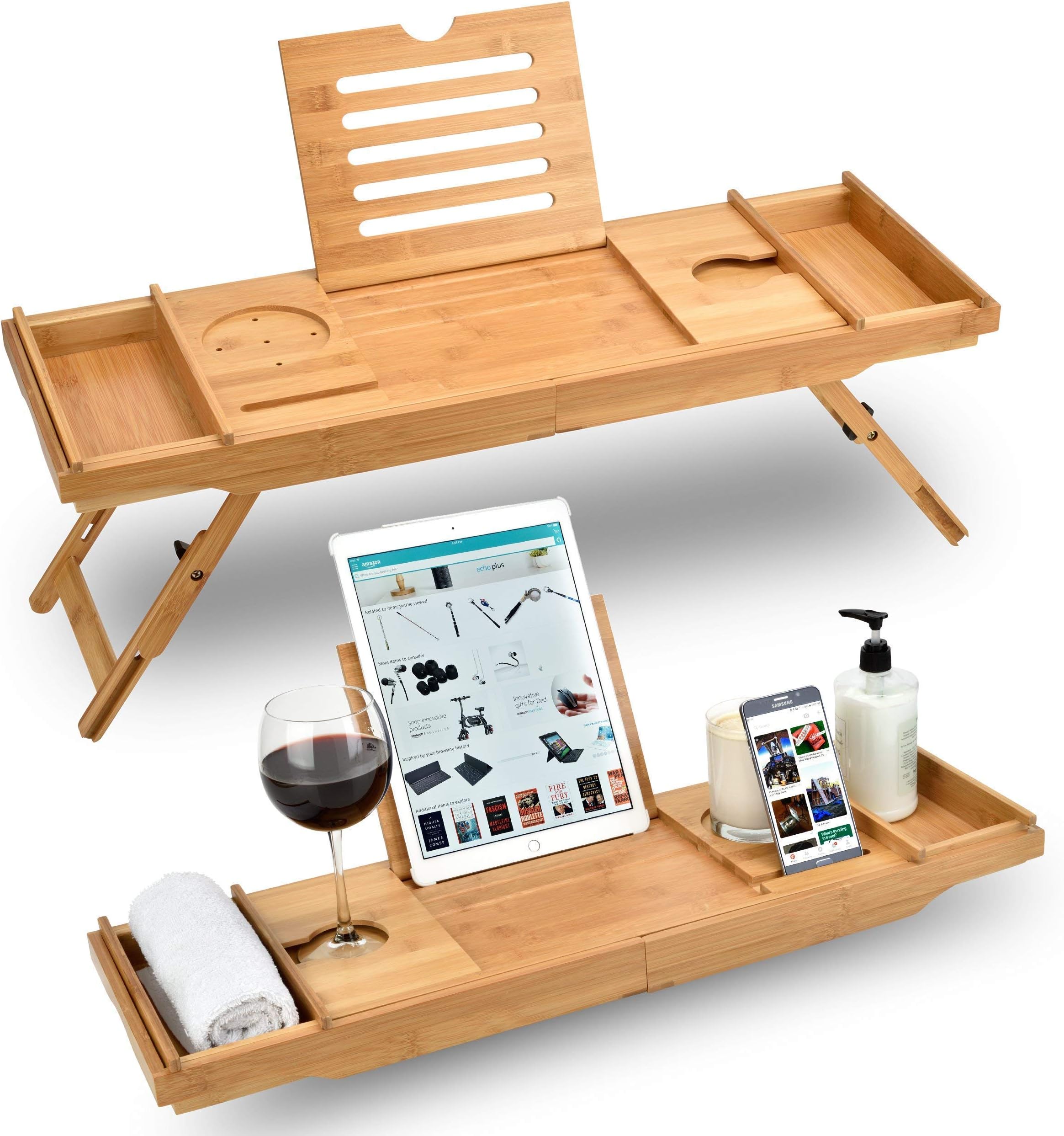 Bed Table & Bathtub Tray - Combines Bamboo Bath tub Caddy for Relaxation and Bed Tray for Productivity into 1 - Luxurious Bathtub Caddy for Bath Accessories and as Birthday Gifts