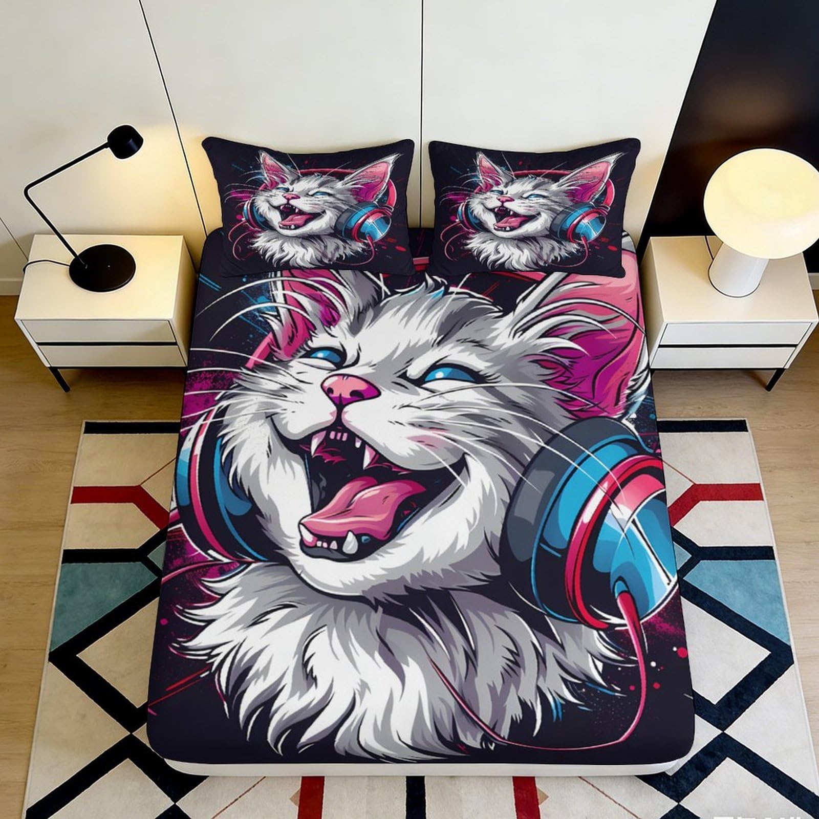 3D Printed Cat Headphones Fitted Sheet Microfiber Colorful Cartoon Bed Cover Non-slip for Bedroom Guestroom Decor 90x200x25cm
