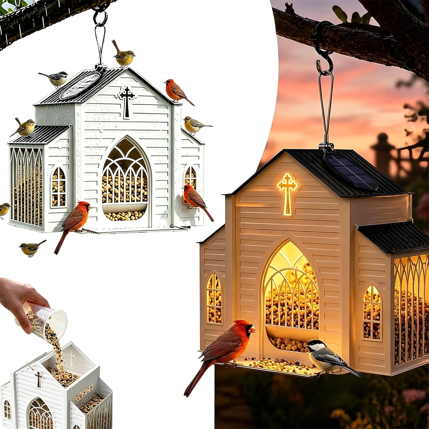 Church Shaped Metal Bird Feeder with Solar Light, Church-Shaped Metal Solar Bird Feeder, Church Birds Feeders for Outdoors Hanging & Weatherproof Design for Garden Yard Decor (1 PC)