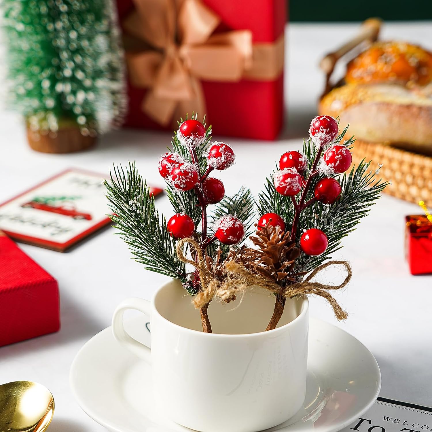 10PCS Christmas Berries Red Stems Evergreen Pine Branches, Snow Flocked Red Holly Berry Pine Cone Floral Sprays Decoration,Winter Holiday Floral Picks (10PCS)