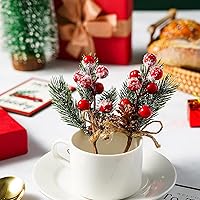 Vista 4 de Ramas de Pino Verde Perenne con Bayas de Navidad y Tallos Rojos, Decoración de Conos de Pino y Bayas de Acebo con Copos de Nieve, Adornos Florales 6