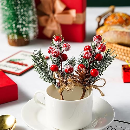 Miniatura 4 de 6 piezas de bayas de Navidad, tallos rojos de hoja perenne, ramas de pino de hoja perenne, conos de pino de acebo rojo flocado, decoración floral de